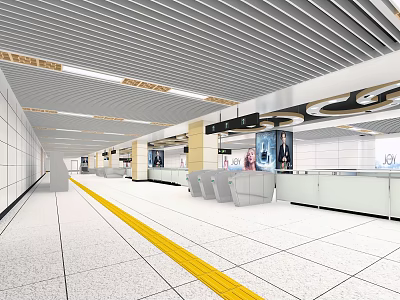 Modern Metro Station Interior With Striped Ceiling Seats Billboards And Yellow Safety Line 3d model