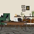 Modern Brown Desk And Chair Set With Laptop Phone Green Cat Art And Wooden Floor