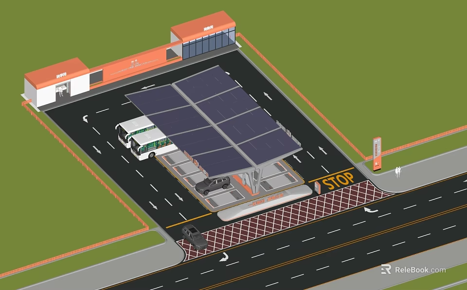 Solar Panel Covered Parking Lot With Bus Building And STOP Sign 3d model 