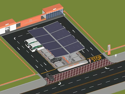 Solar Panel Covered Parking Lot With Bus Building And STOP Sign 3d model