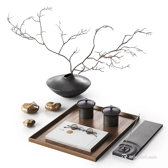 Modern Decorative Ornament Set With Black Vase Twigs Golden Stones Wooden Tray And Black Jars 3d model 