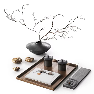 Modern Decorative Ornament Set With Black Vase Twigs Golden Stones Wooden Tray And Black Jars 3d model