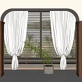 Interior Archway With Wooden Pillars White Curtains Louvered Blinds And Potted Plant