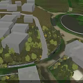 Modern Outdoor Landscape With Buildings Trees Green Plants Paved Pathway And Display Wall