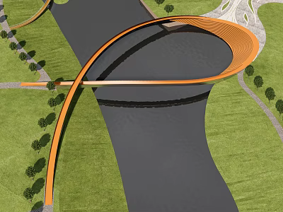 Orange Curved Landscape Bridge Spanning River With Green Grass Trees And Paths 3d model