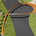 Orange Curved Landscape Bridge Spanning River With Green Grass Trees And Paths 3d model