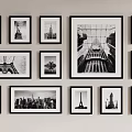 Black And White Framed Photos Wall Display With Iconic Buildings And Landmarks
