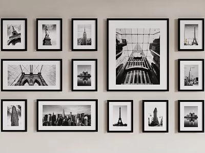 Black And White Framed Photos Wall Display With Iconic Buildings And Landmarks 3d model