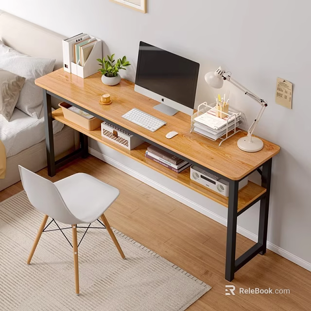 Modern Wooden Desk and White Chair Set with Computer Lamp and Books in Study Space 3d model 