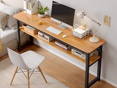 Modern Wooden Desk and White Chair Set with Computer Lamp and Books in Study Space 3d model
