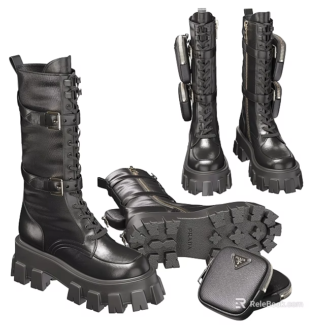 Black Leather Combat Boots With Lace Up Platform Soles And Buckles 3d model 