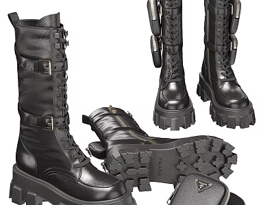 Black Leather Combat Boots With Lace Up Platform Soles And Buckles 3d model