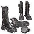 Black Leather Combat Boots With Lace Up Platform Soles And Buckles