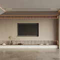 Modern TV Wall Interior Design With Wooden Panels LED Strip Lights And Low Cabinet
