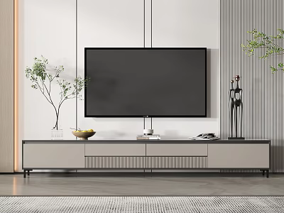 Modern TV Stand with Flat Screen TV Potted Plants and Decorative Storage Drawers 3d model