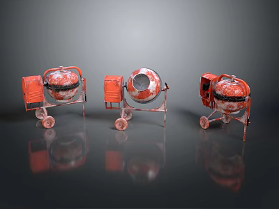 Three Red And Silver Concrete Mixers With Wheels And Orange Parts On Dark Reflective Surface 3d model