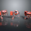 Three Red And Silver Concrete Mixers With Wheels And Orange Parts On Dark Reflective Surface