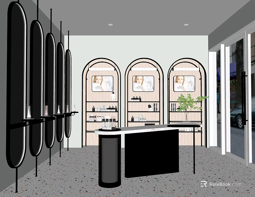 Modern Specialty Store Interior Featuring Arched Windows Display Shelves Counter And Green Plant 3d model 