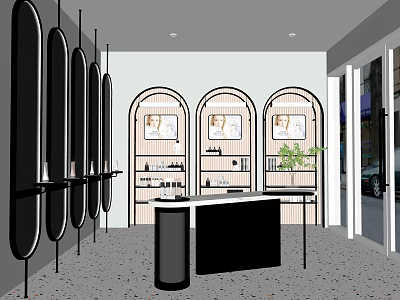 Modern Specialty Store Interior Featuring Arched Windows Display Shelves Counter And Green Plant 3d model