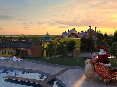 Vibrant Amusement Park with Colorful Buildings Santa Claus on Sleigh at Sunset 3d model