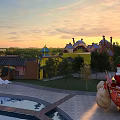 Vibrant Amusement Park with Colorful Buildings Santa Claus on Sleigh at Sunset