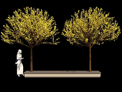 Two Trees With Yellow Blossoms And Person Standing Under In White Clothing 3d model