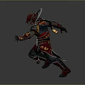 Red Armored Warrior Figure With Golden Decorations And Transparent Dome In Crouching Stance