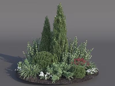 Circular Garden Shrub Arrangement With Conical Rounded Varieties White Flowers Red Accents 3d model