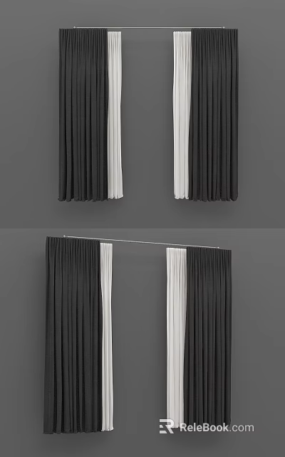 Black And White Curtains With Vertical Pleats Hanging On Window Rod Design 3d model 