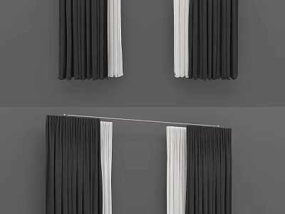Black And White Curtains With Vertical Pleats Hanging On Window Rod Design 3d model