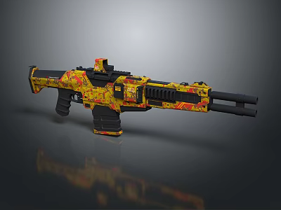 Modern Tactical Weapon With Yellow Red Camouflage And Double Barrel Design 3d model