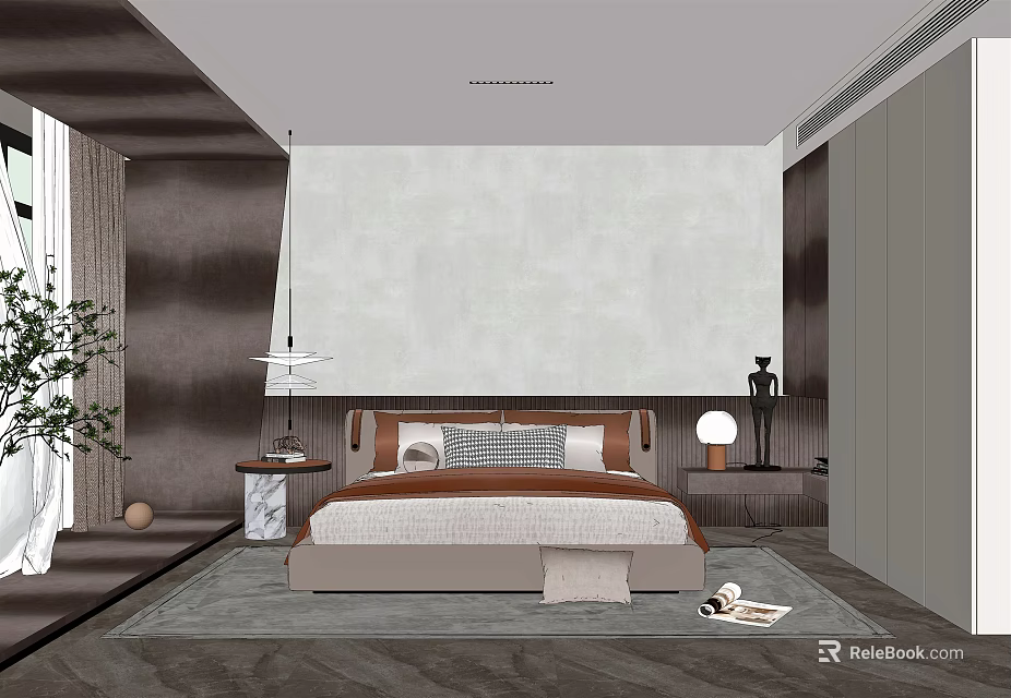 Modern Bedroom Interior Design With Light Colored Wall Platform Bed Rug And Pendant Light 3d model 