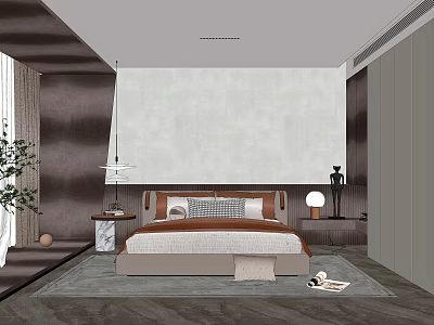 Modern Bedroom Interior Design With Light Colored Wall Platform Bed Rug And Pendant Light 3d model
