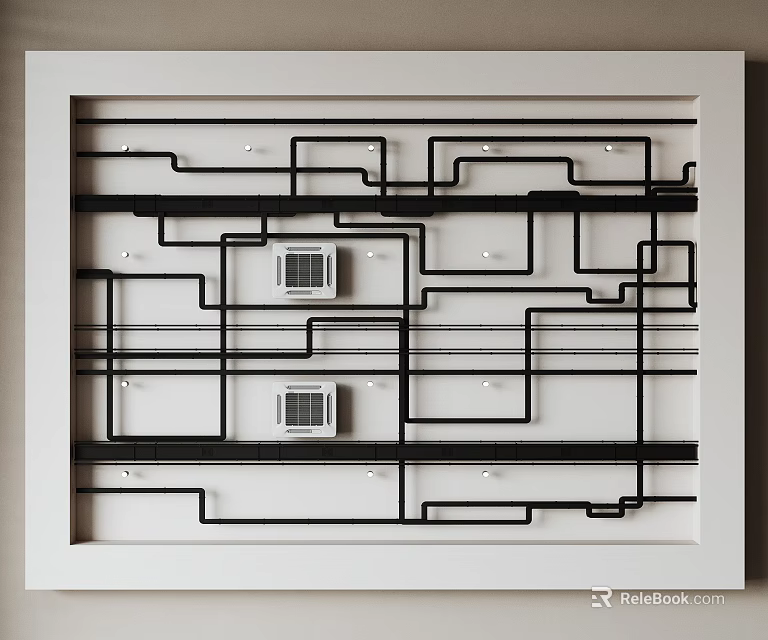 Black Pipes And Air Vents Arranged In Complex Layout Within White Frame 3d model 