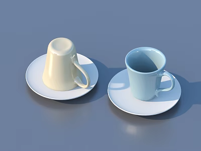 Cream And Light Blue Mugs On White Saucers Against Gray Background 3d model