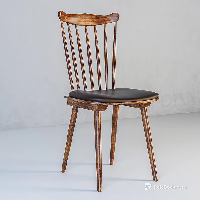 Classic Wooden Dining Chair With Slat Back And Black Leather Upholstered Seat For Modern Kitchen 3d model 