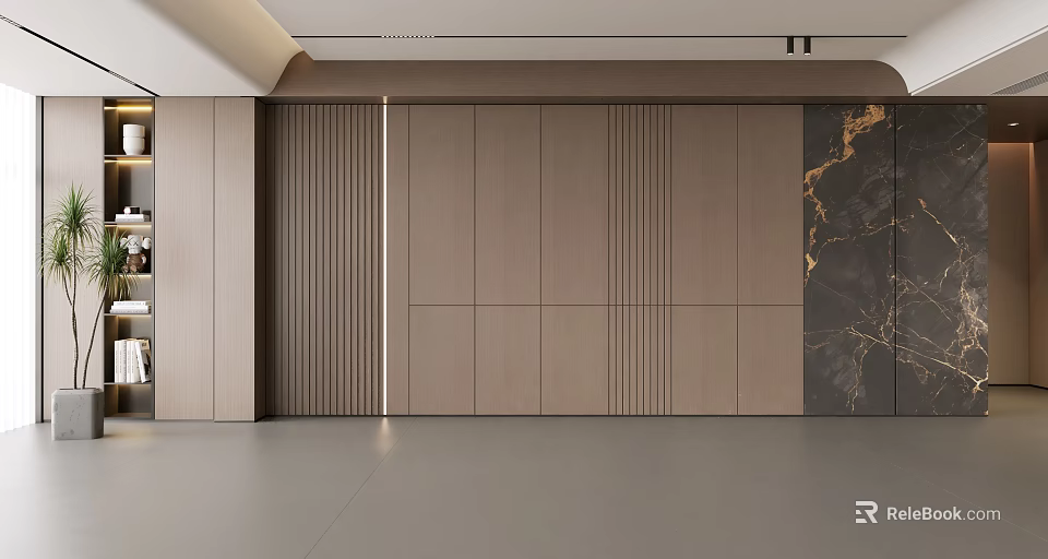 Modern Wooden Feature Wall With Vertical Slats And Black Marble Accent Design 3d model 
