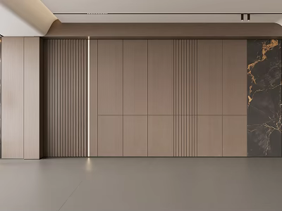 Modern Wooden Feature Wall With Vertical Slats And Black Marble Accent Design 3d model