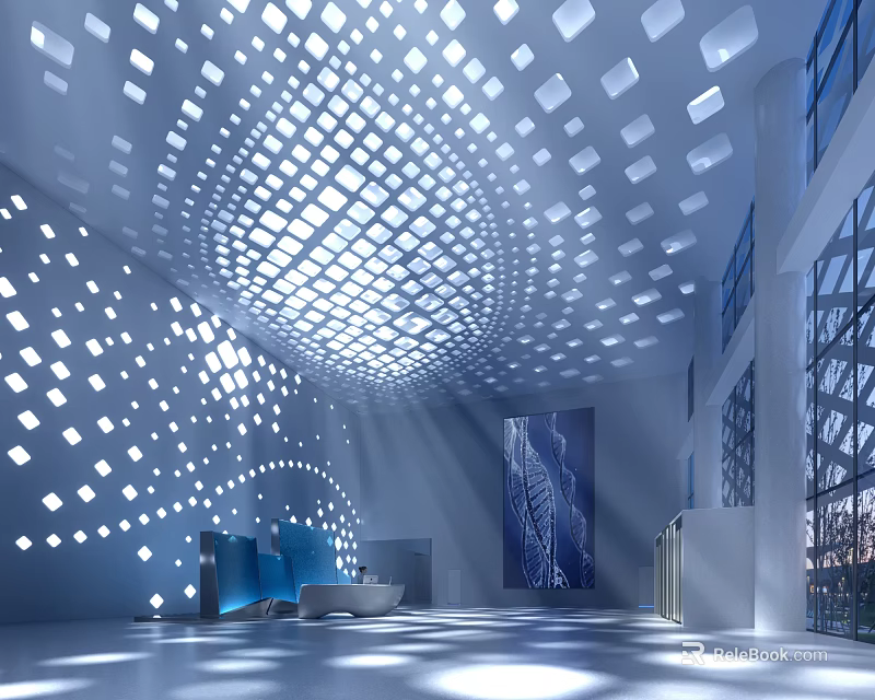 Modern Reception Desk Interior Design With Grid Ceiling Lighting And Glass Wall Background 3d model 