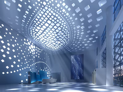 Modern Reception Desk Interior Design With Grid Ceiling Lighting And Glass Wall Background 3d model