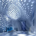 Modern Reception Desk Interior Design With Grid Ceiling Lighting And Glass Wall Background 3d model
