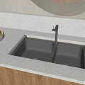 Double Bowl Stainless Steel Kitchen Sink with Modern Faucet on Light Countertop and Wooden Cabinets