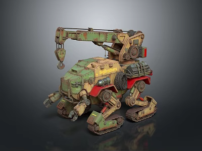 Mechanical Tracked Vehicle with Crane Arm Green Red Color And Industrial Design 3d model