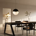 Modern Dining Table Set With Black Chairs Pendant Light Vase Plant In Sunlit White Room