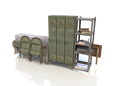 Vintage Green Metal Lockers With Wooden Shelves Retro Chairs And Old Furniture 3d model