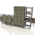 Vintage Green Metal Lockers With Wooden Shelves Retro Chairs And Old Furniture