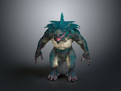 Fierce Fantasy Monster Character With Blue Spiked Back Muscular Limbs And Sharp Fangs 3d model