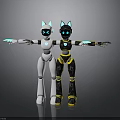 Two Robot Characters With Cat Ear Design White Black And Blue Yellow Arm Accents
