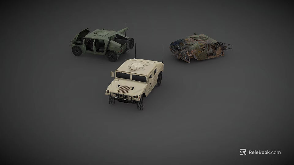 Three Military Off Road Vehicles In Green Camouflage And Beige Colors 3d model 