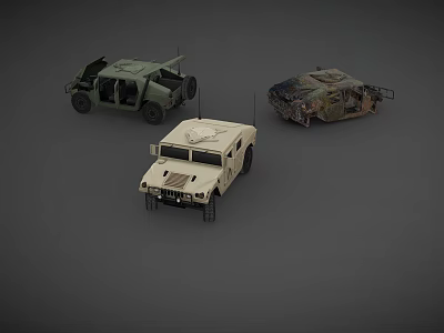 Three Military Off Road Vehicles In Green Camouflage And Beige Colors 3d model
